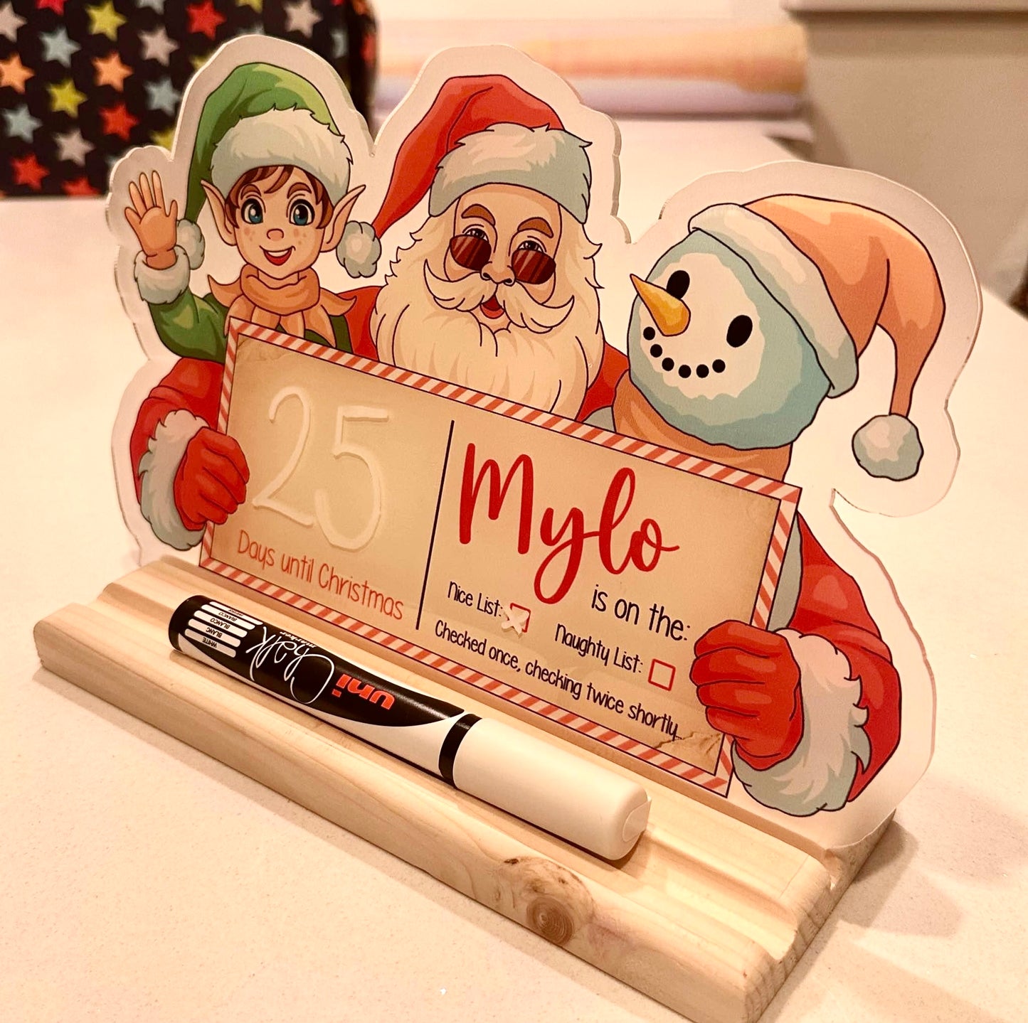 Personalised Christmas Countdown Acrylic Santa Stand & Wooden Base